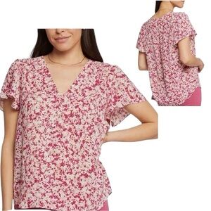NYDJ Ditsy Floral Petal Short Sleeve Fairy Dust Floral Print Blouse Size S NEW